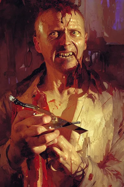 Image similar to crazy half demon middle aged man in a butchers apron holding a scalpel portrait dnd, painting by gaston bussiere, craig mullins, greg rutkowski, yoji shinkawa