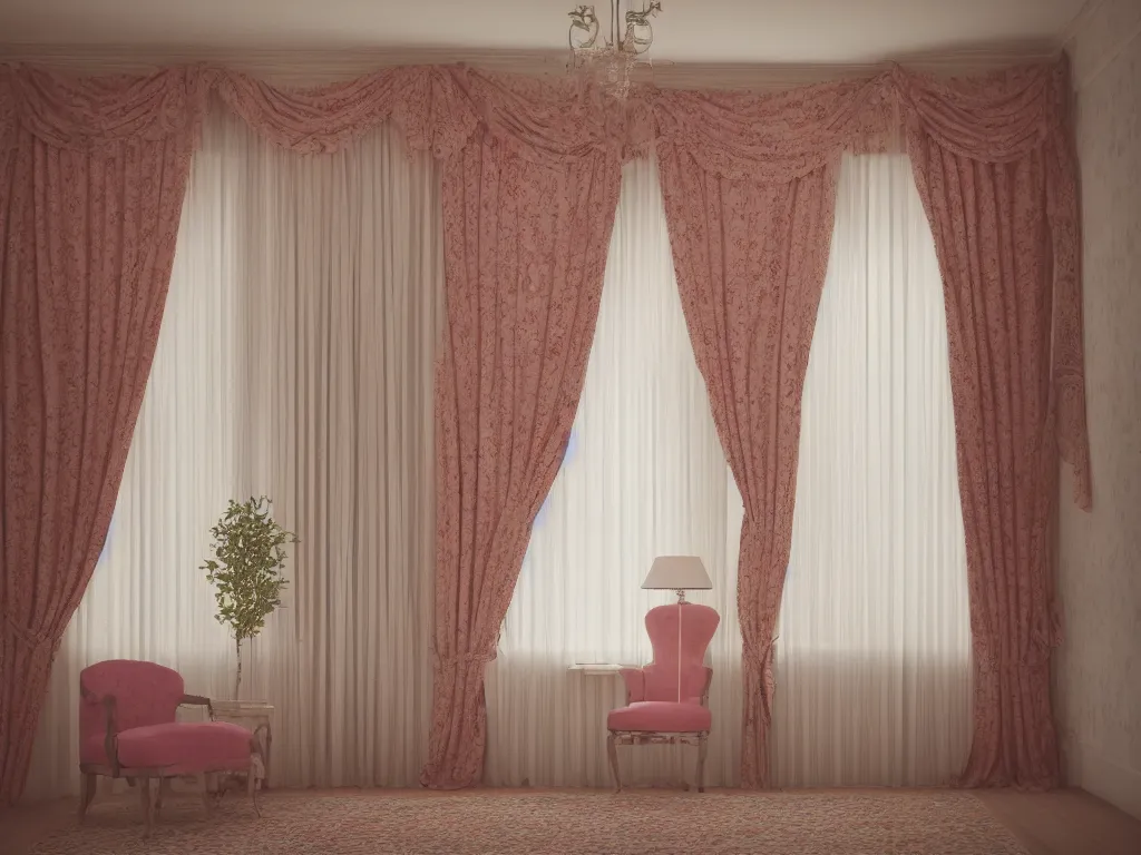 Image similar to 3D render of vintage interior house with very large curtains , High detail, Octane Render, pastel colors , lens 28mm, f 8,