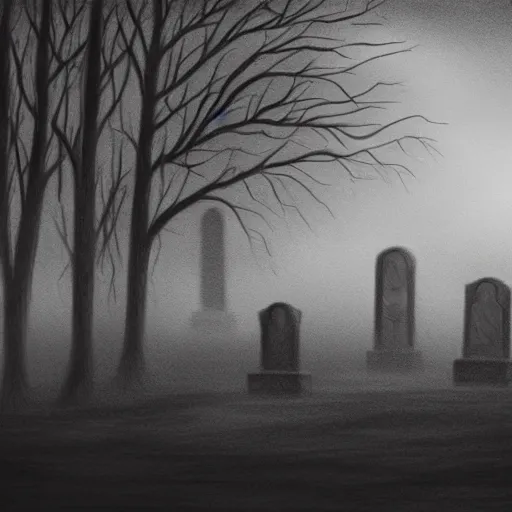 Prompt: an endless eerie graveyard with ancient tombstones, misty, thick strands of fog, catacomb in background, frame is flanked by dark trees, a shadowy ghostlike creature is visible, creepy, night, finely detailed extremely realistic black and white pencil drawing