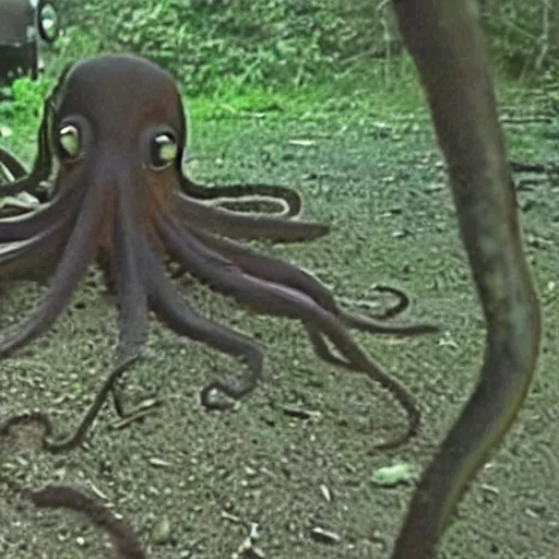 Image similar to a scary octopus caught on trailcam nightvision footage camera, grainy low quality