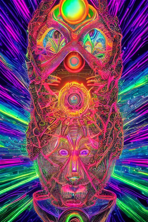 Image similar to a detailed digital neon illustration of the burningman effigy in the style of Alex Grey, lisa frank, beeple, dan mumford. maya render, trending on artstation, greg rutkowski very coherent symmetrical artwork, psychedelic, fantasy, 8k, 3d render, intricate, symmetry, cinematic, hyper realism, high detail, 8k, iridescent accents