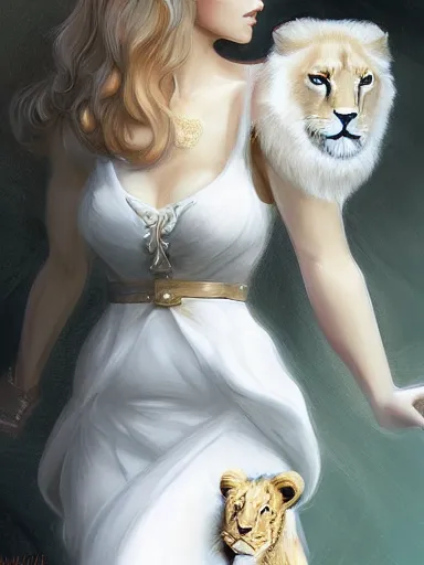 Prompt: a woman, wearing a cute white dress, holding a lion. intricate, elegant, highly detailed, digital painting, artstation, concept art, sharp focus, illustration, by justin gerard and artgerm, 8 k