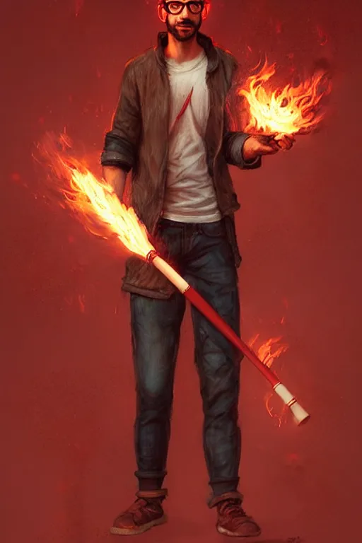 Prompt: character art by bastien lecouffe - deharme, young ducktail bearded middle eastern american male, wayfarer glasses and red baseball cap, on fire, fire powers
