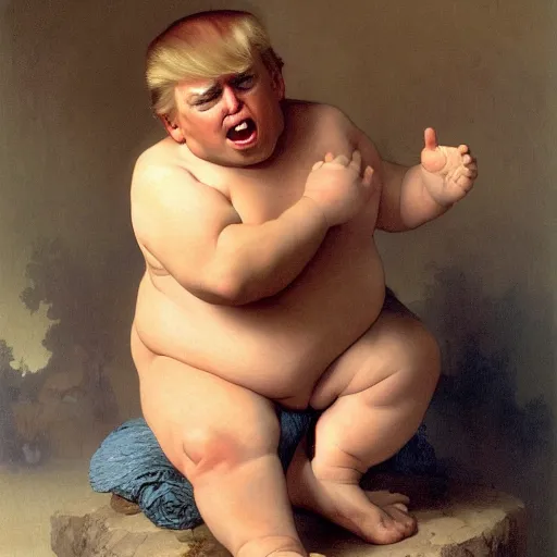 Image similar to Painting of angry Donald Trump as a troll in diapers. Old. Unhappy. Very Fat. Art by william adolphe bouguereau. Very very very very very very much detailed. 4K. Award winning.