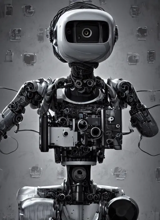 Image similar to humanoid robot with an old school camera for a head, sci - fi, dystopian, 4 k, realistic, detailed, gears, wires, cables, gadgets