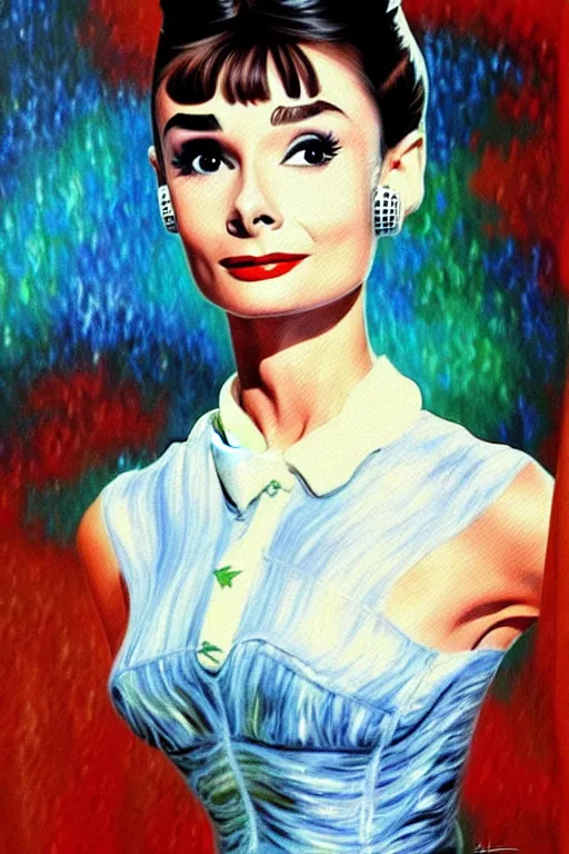 Image similar to impressionism painting of a d & d style retro sci - fi audrey hepburn beautiful face and wearing full detailed clothing