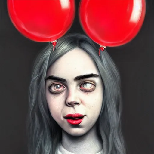 Prompt: surrealism grunge cartoon portrait sketch of billie eilish with a wide smile and a red balloon by - michael karcz, loony toons style, wall-e style, horror theme, detailed, elegant, intricate