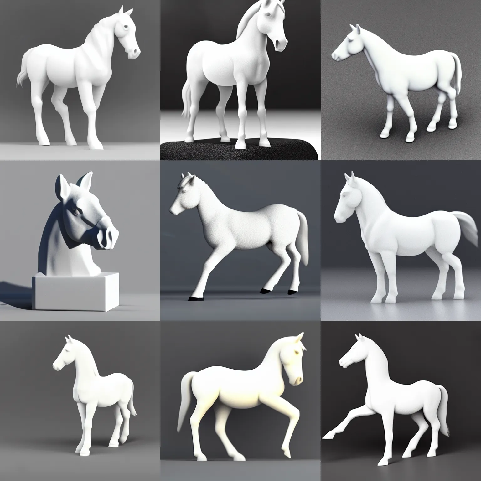 Prompt: a simple black - tailed white horse is standing with his four legs in one place on a little cube. minimalist style, 3 d render.