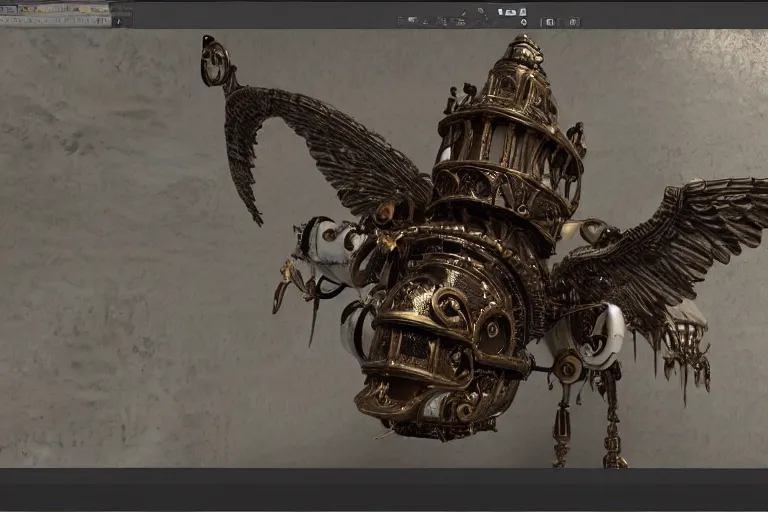 Prompt: highly detailed gigantic luxury baroque gothic steampunk birdshaped spaceship made of bone, rendered in unreal engine 5, cryengine, arnold and zbrush, volumetric lighting