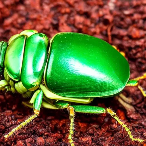 Prompt: shiny green rose chafer in gogos, basil style painted