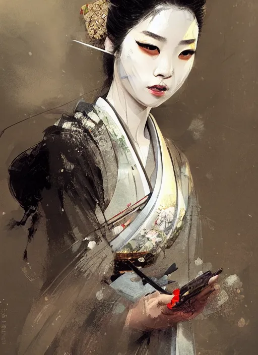 Image similar to female geisha girl, beautiful face, rule of thirds, intricate outfit, spotlight, by greg rutkowski, by jeremy mann