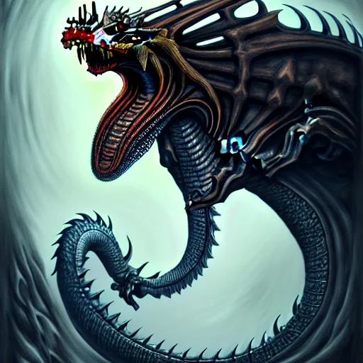 Image similar to Giger portrait of queen dragon, Dragon in dragon lair, HD, full body dragon concept, flying dragon, soft shading, hyperdetailed, wide angle lens, fantasy, futuristic horror, style of giger