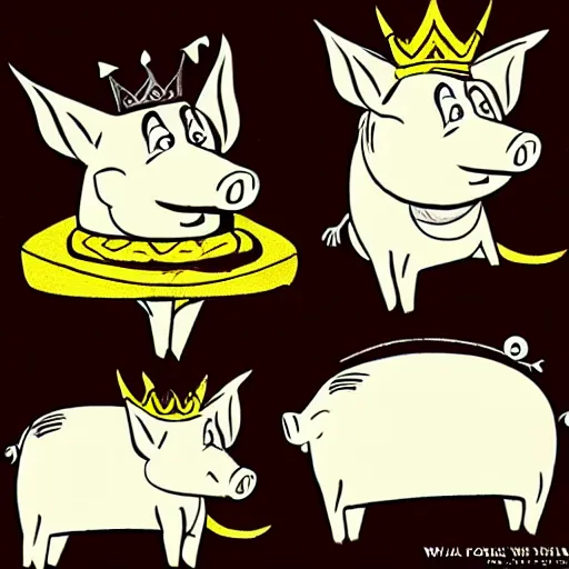 Image similar to concept sketches of a pig wearing a gold crown by Bill Watterson, in the style of 1970s cartoons