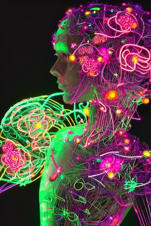 Image similar to a close up of a robot with flowers in it, neon shaped petals, neon wire, character portrait by maria johanna gortz and frieke janssens, cgsociety, houdini generative art, made of flowers, reimagined by industrial light and magic, sci - fi