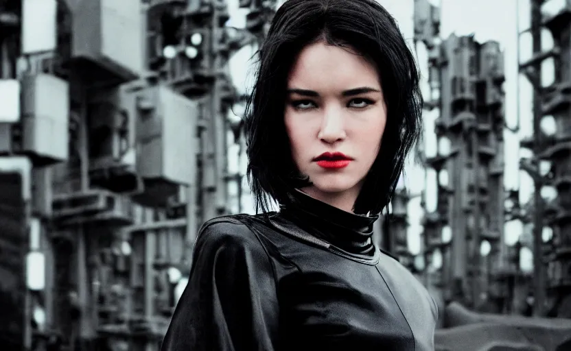 Prompt: cinestill 5 0 d candid photographic portrait by quentin tarantino of a feminine android wearing sexy black rugged techwear on a black marble monument, medium wide shot, modern cyberpunk moody emotional cinematic, clear skies, 8 k, hd, high resolution, 3 5 mm, f / 3 2, ultra realistic faces, ex machina