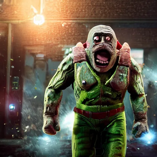 Image similar to pickle rick as superman flying in ( gears of war ), splash art, movie still, detailed face, photorealistic facial features, cinematic lighting, dramatic, octane render, long lens, shallow depth of field, bokeh, anamorphic lens flare, 8 k, hyper detailed, 3 5 mm film grain