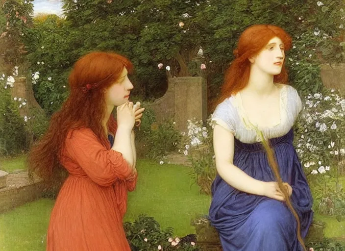 Prompt: a very very very beautiful Pre-Raphaelite painting of two very happy women in a lush garden brushing their hair, by Waterhouse