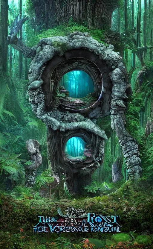 Image similar to the portal in the forest in the style of Roger Dean and beeple, 35mm, photo realistic, epic, cinematic