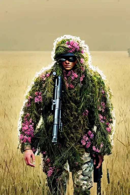 Prompt: a sniper in ghillie suit with light pink flowers, walking in high grass field, call of duty warzone poster