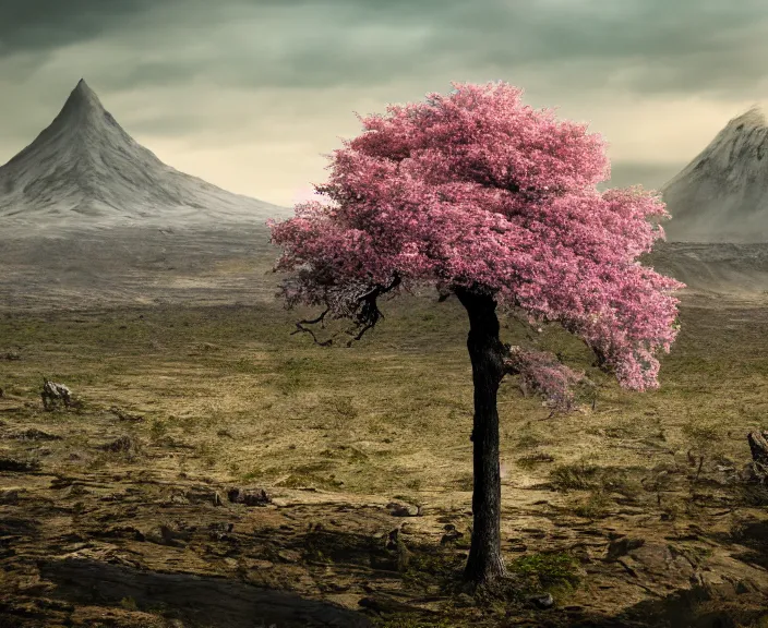 Prompt: 4 k hd, high detail photograph of blossoming tree in mordor landscape, apocalyptic scenery, shot with sigma f / 4. 2, 2 5 0 mm sharp lens, wide shot, consistent, volumetric lighting, high level texture render