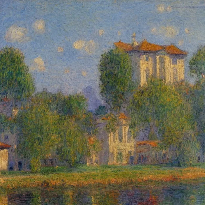 Image similar to a building in a serene landscape, impressionism