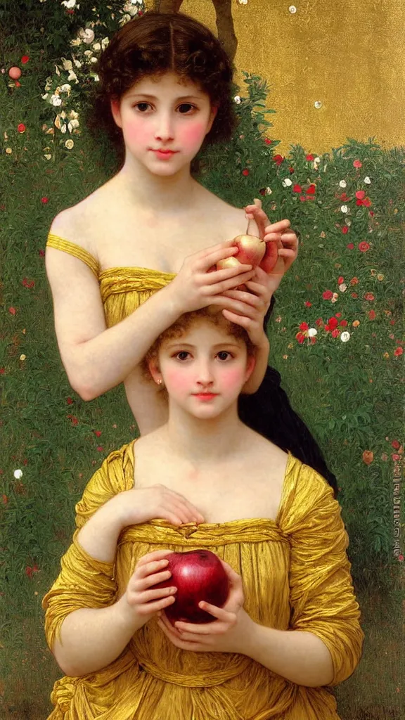 Image similar to painting portrait of a beautiful girl with an apple in her hand, intricate, elegant, digital painting, smooth, sharp focus, shiny gold, realistic gold, realistic metal, by William-Adolphe Bouguereau and Gustav Klimt,