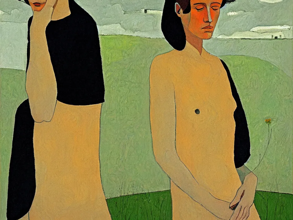 Image similar to a painted portrait of a women outdoors paused in thought, art by felice casorati, aesthetically pleasing and harmonious natural colors, rule of thirds, expressionism