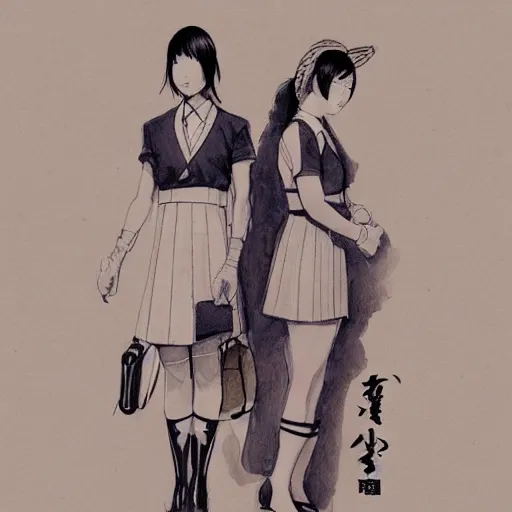 Image similar to a perfect, realistic professional digital sketch of two Japanese schoolgirls posing, in style of Marvel, full length, by pen and watercolor, by a professional American senior artist on ArtStation, a high-quality hollywood-style sketch, on high-quality paper