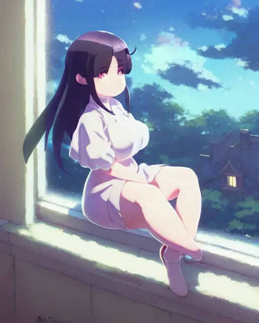 Image similar to a cute stylized thicc ghost, sitting on a windowsill of an old house, dramtic lighting, calming ， by makoto shinkai an krenz cushart