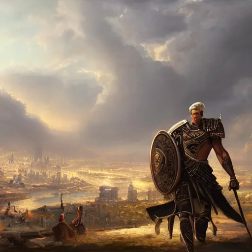 Image similar to a painting of achilles, a city in the background, ultra detailed, high fantasy, 4 k, trending on artstation, cinematic, concept design