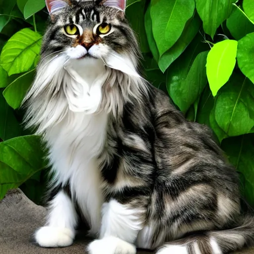 Image similar to a maincoon cat among big green leaves, realistic, very detailed,