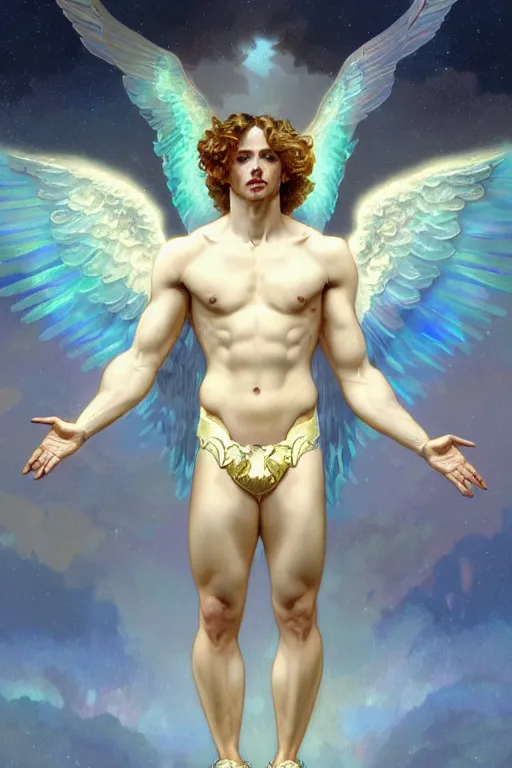 Prompt: fullbody portrait of a beautiful young fit male angel with curly blond hairs, closed eyes, blessing hands, dressed with fluent clothes, majestic symmetrical eagle wings, luminous halo, by greg rutkowski and alphonse mucha, gradient white to gold, in front of an iridescent background, highly detailed portrait, digital painting, artstation, concept art, smooth, sharp focus illustration