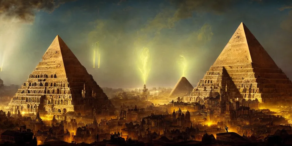 Image similar to magical city of the great tartarian empire adorned with amazing lost technology, lighting resembling fireflies, spires from rooftops collecting and distributing etheric energy, the centerpiece of the city is a colossal ancient pyramid made of metal, cityscape, combining intense detail & utmost quality, late 1 8 0 0 s photography christian hecker, artstation, - h 8 3 2