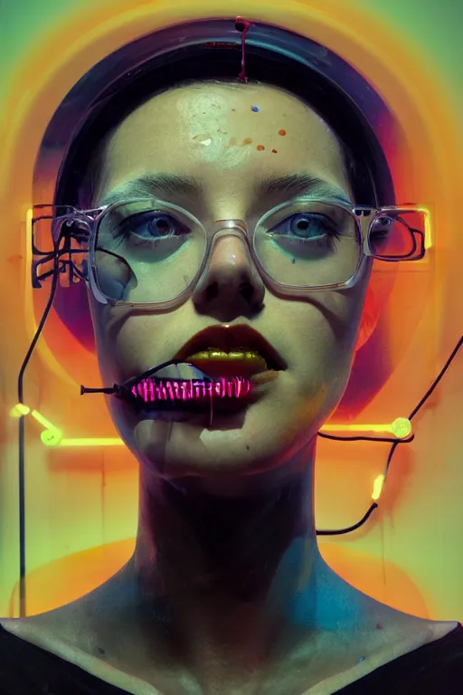 Prompt: 3 d, close - up, grim fashion model looking up, glass, neon, poster art, intricate oil painting, high detail, figurative art, multiple exposure, poster art, 3 d, by stanley kubrick and tooth wu and wlop and beeple