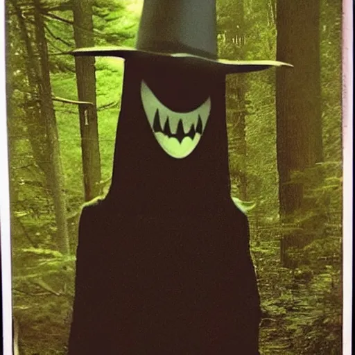 Image similar to polaroid picture of The Babadook standing in the woods, creepy, dark scary