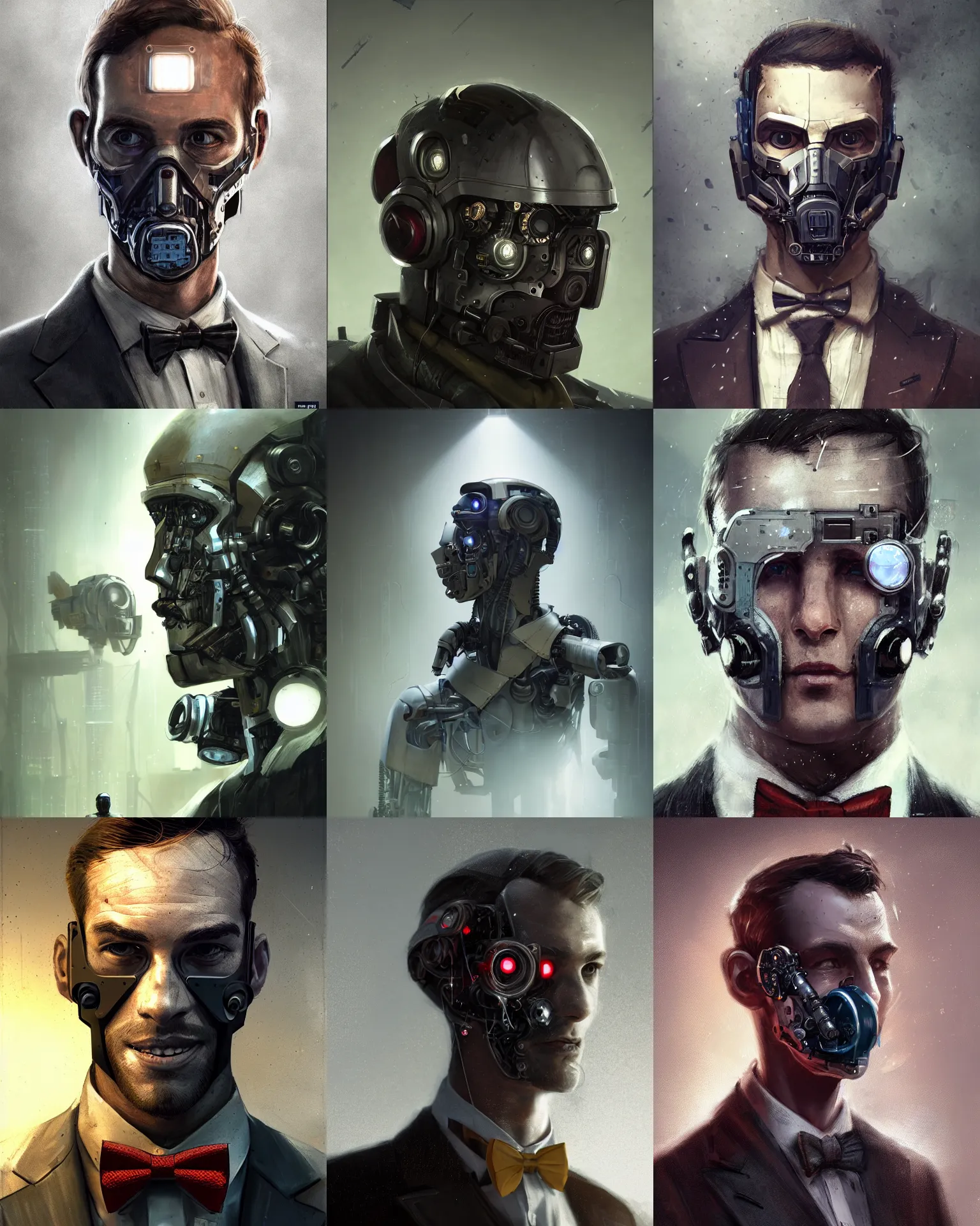 Image similar to a rugged young engineer man with cybernetic enhancements wearing a suit and bowtie, detailed face with small mask, scifi character portrait by greg rutkowski, esuthio, craig mullins, 1 / 4 headshot, cinematic lighting, dystopian scifi gear, gloomy, profile picture, mechanical, half robot, implants, steampunk