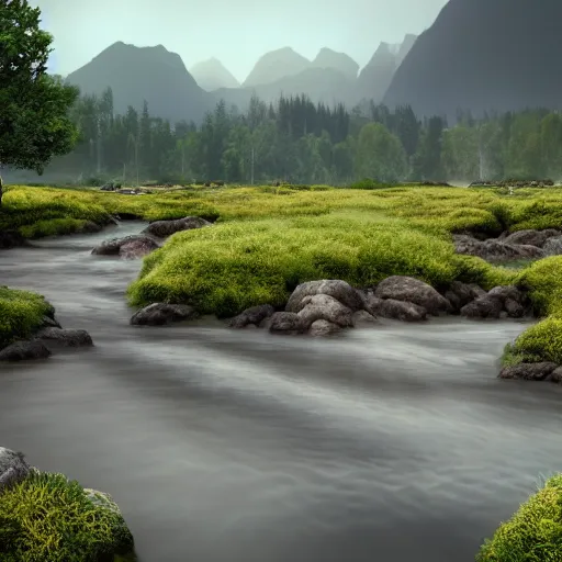 Prompt: A flowery meadow with a large tree in the middle and a river on the right with rocky sides, a wooden bridge on the right and mountains in the background, a slightly overcast sky. ultra realistic, matte painting, concept art, 4k, trending on artstation, octane render, wide lens.