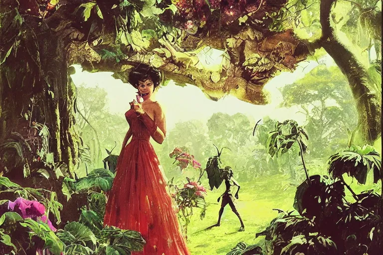 Prompt: 5 0 s pulp scifi illustration, elegant woman in beautiful english country garden, flowers, baobab trees, country mansion, spacehip lands, by norman rockwell, jack kirby, john berkey, bergey, craig mullins, ruan jia, raymond swanland, jeremy mann, beksinski, tom lovell, alex malveda, schomburg