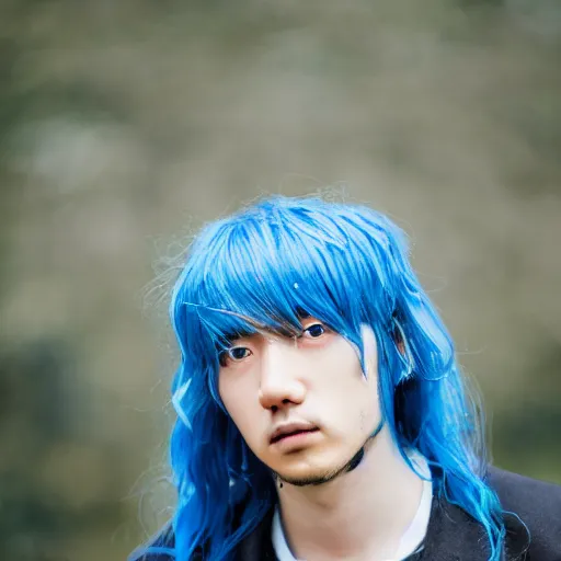 Image similar to rimuru tempest, young man blue hair ( ( ( ( ( ( ( ( ( ( eyes yellow ) ) ) ) ) ) ) ) ) ), canon eos r 3, f / 1. 4, iso 2 0 0, 1 / 1 6 0 s, 8 k, raw, unedited, symmetrical balance, in - frame