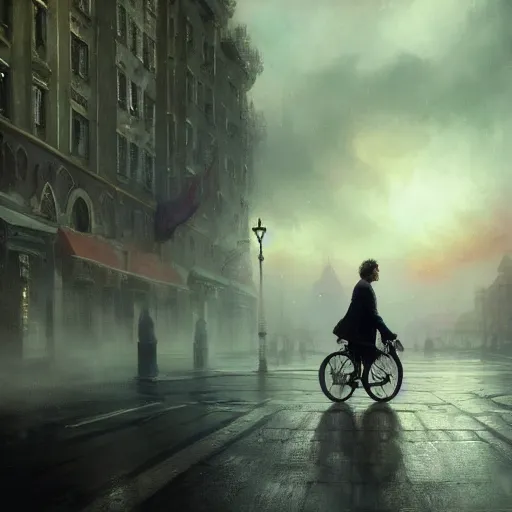 Image similar to cinematic shot epic portrait peter capaldi riding a bicycle in the streets, atmospheric, cloudy, broad light, ambient occlusion, volumetric light effect, made by ivan aivazovsky, peter mohrbacher, greg rutkowski, ross tran, matte painting, trending on artstation, 4 k, perfectly defined features, digital painting, cinematic, epic, highly detailed,