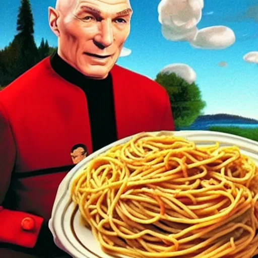 Image similar to captain picard eats spaghetti photo realistic