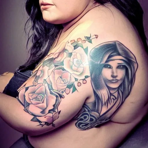 Image similar to fat girl, long hair, tattooed, photo