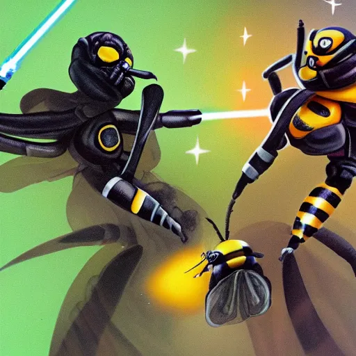 Prompt: a wasp and a bumble bee duelling with lightsabers