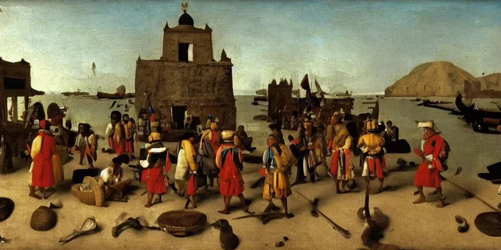 Prompt: arrival of javanese jonk on shores of mexico, majapahit soldiers meeting the aztec leaders on a beach in 1 5 6 7, 1 6 th century oil painting by vermeer, cinematic, highly detailed