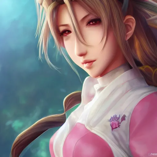 Image similar to high quality art of aerith aeris by logan cure, BangkuART, sakimichan, yan gisuka, zeronis, dan eder, nick silva, Ja Mong, 4k, artstation