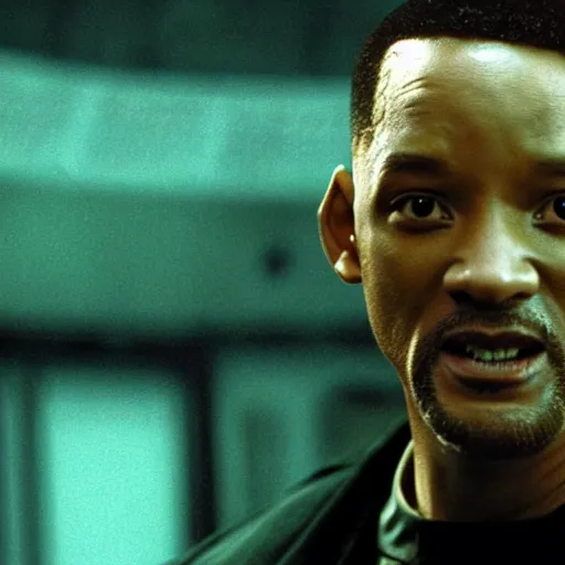 Prompt: film still of Will Smith as Neo in The Matrix, fight scene with agent smith in subway