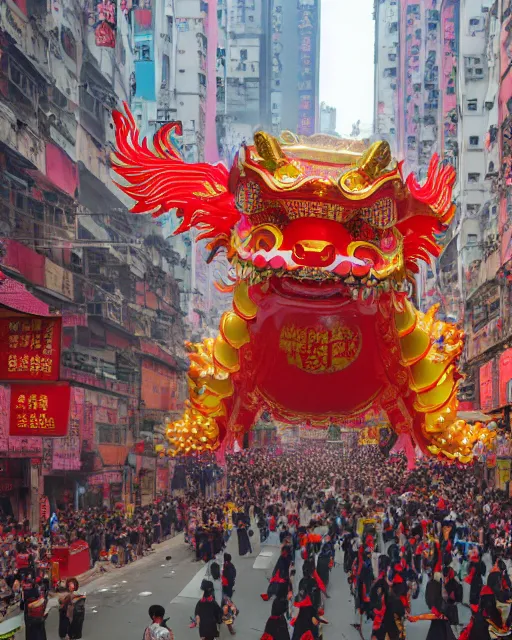 Prompt: chinese new year decoration, chinese new year parade, dragon float, monks, giant asian gods, crowd of people, street, poor buildings, hong kong buildings, kowloon, slums, cyberpunk, ghost in the shell, dramatic lighting, trending on Artstation, 8k, highly realistic, hyper detailed, unreal engine 5, IMAX quality, realistic, cinematic, epic lighting, realistic, Matte Painting, masterpiece,