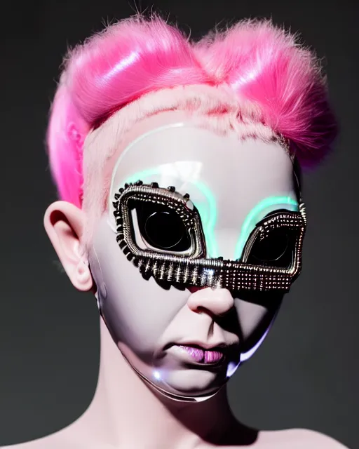 Prompt: symmetrical portrait of a biomechanical cyborg wearing a silicone swarovski studded iridescent beauty mask and neon pink hair buns, wearing a black bodysuit by alexander mcqueen, cream white background, soft diffused light, biotechnology, humanoid robot, bjork aesthetic, translucent, by rineke dijkstra, intricate details, highly detailed, masterpiece,