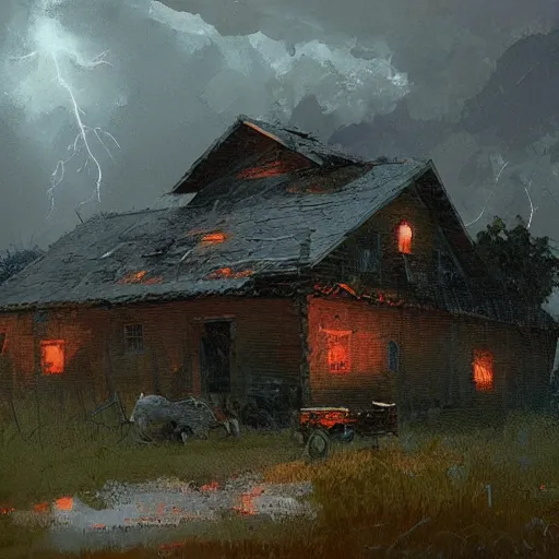 Prompt: a evil thunderstorm overtop a small farm, eerie, craig mullins