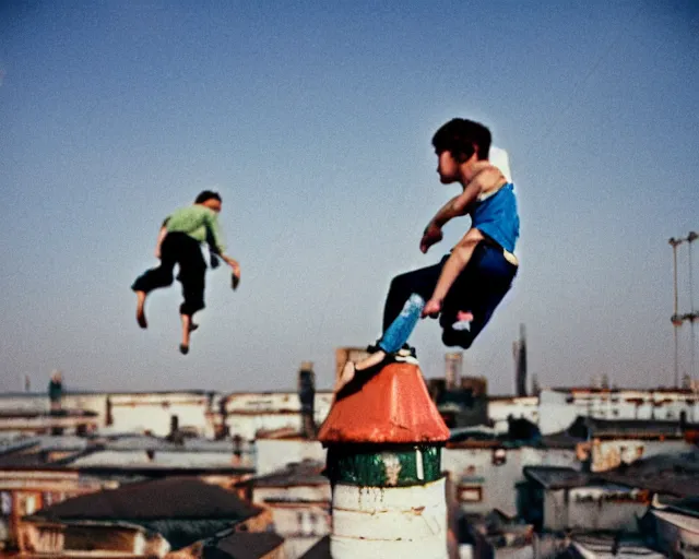 Image similar to lomo photo of roofjumpers climbing on roof of soviet hrushevka, small town, cinestill, bokeh, out of focus